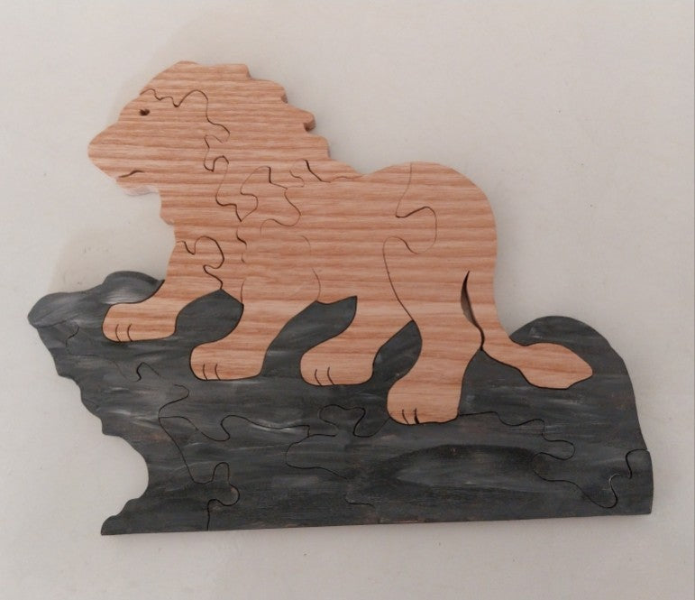 Jeux Puzzle lion sur rocher, bois massif, enfants + 3 ans