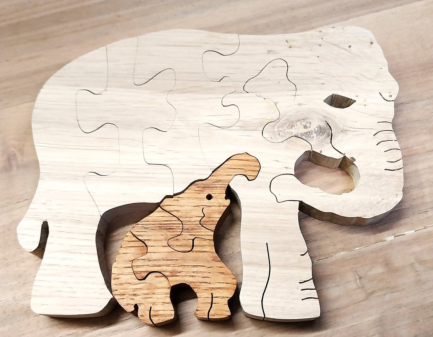 Jeux puzzle en bois massif, éléphant et son petit, enfants + 3 ans